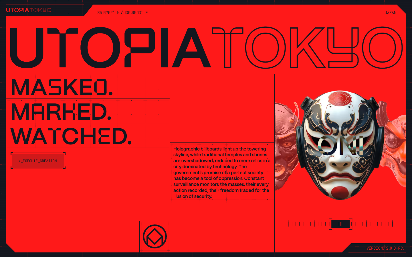 Utopia Tokyo interactive web design hero with Oni mask and cyberpunk typography