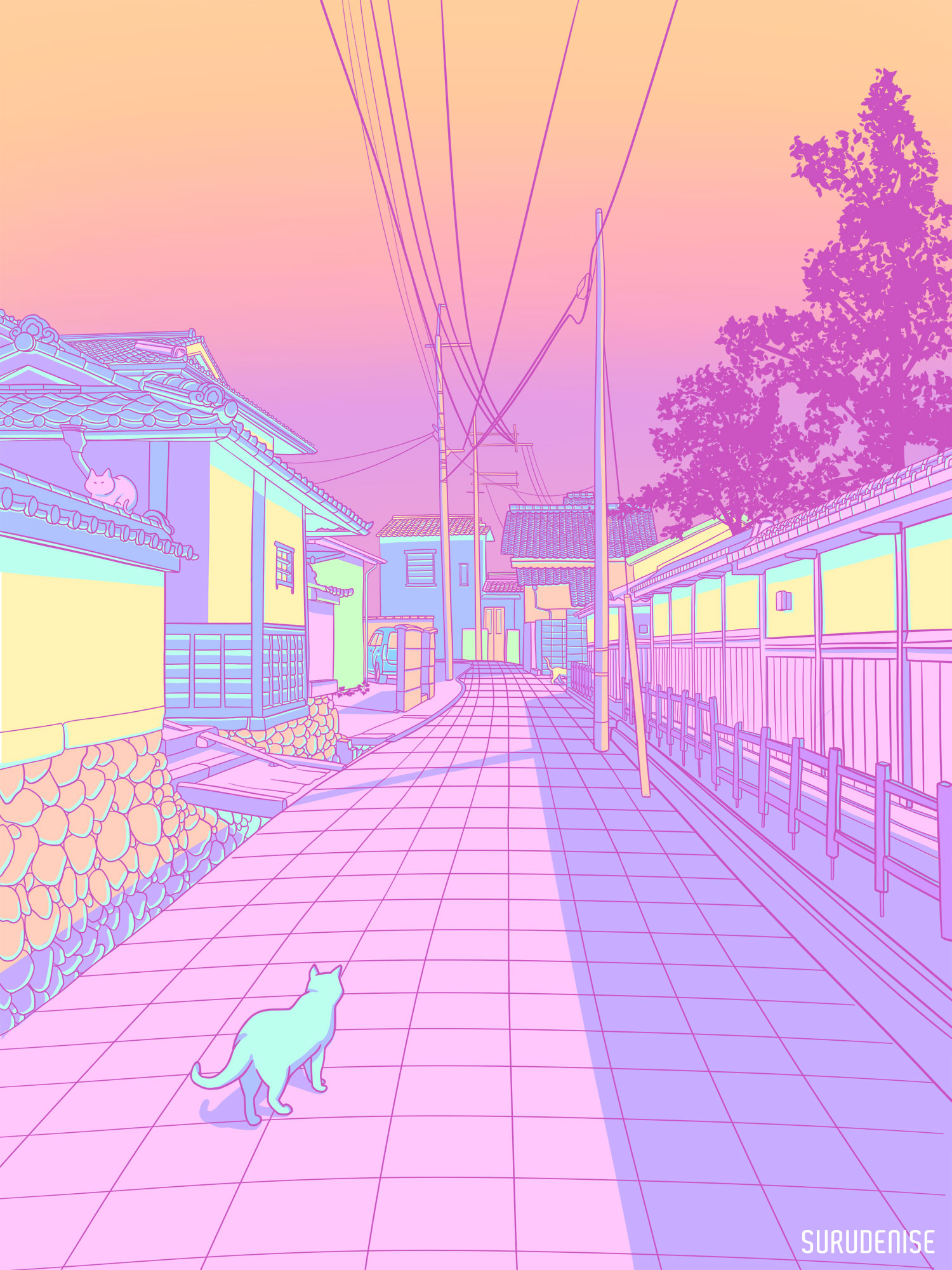 Pastel Japan, Cats and Alleyways Illustrations