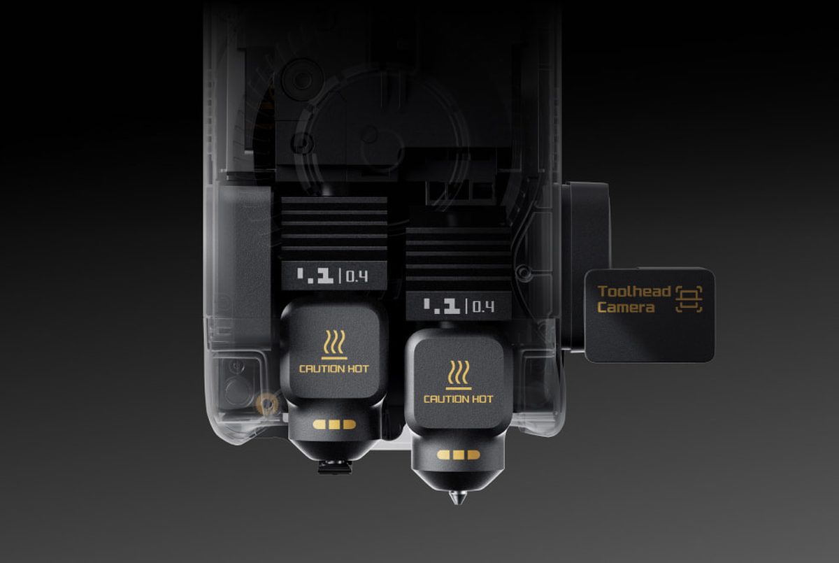 Bambu Lab X2D dual extrusion toolhead closeup