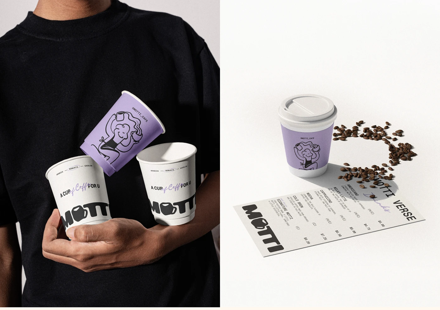 Cafe brand packaging mockup showing complete visual system