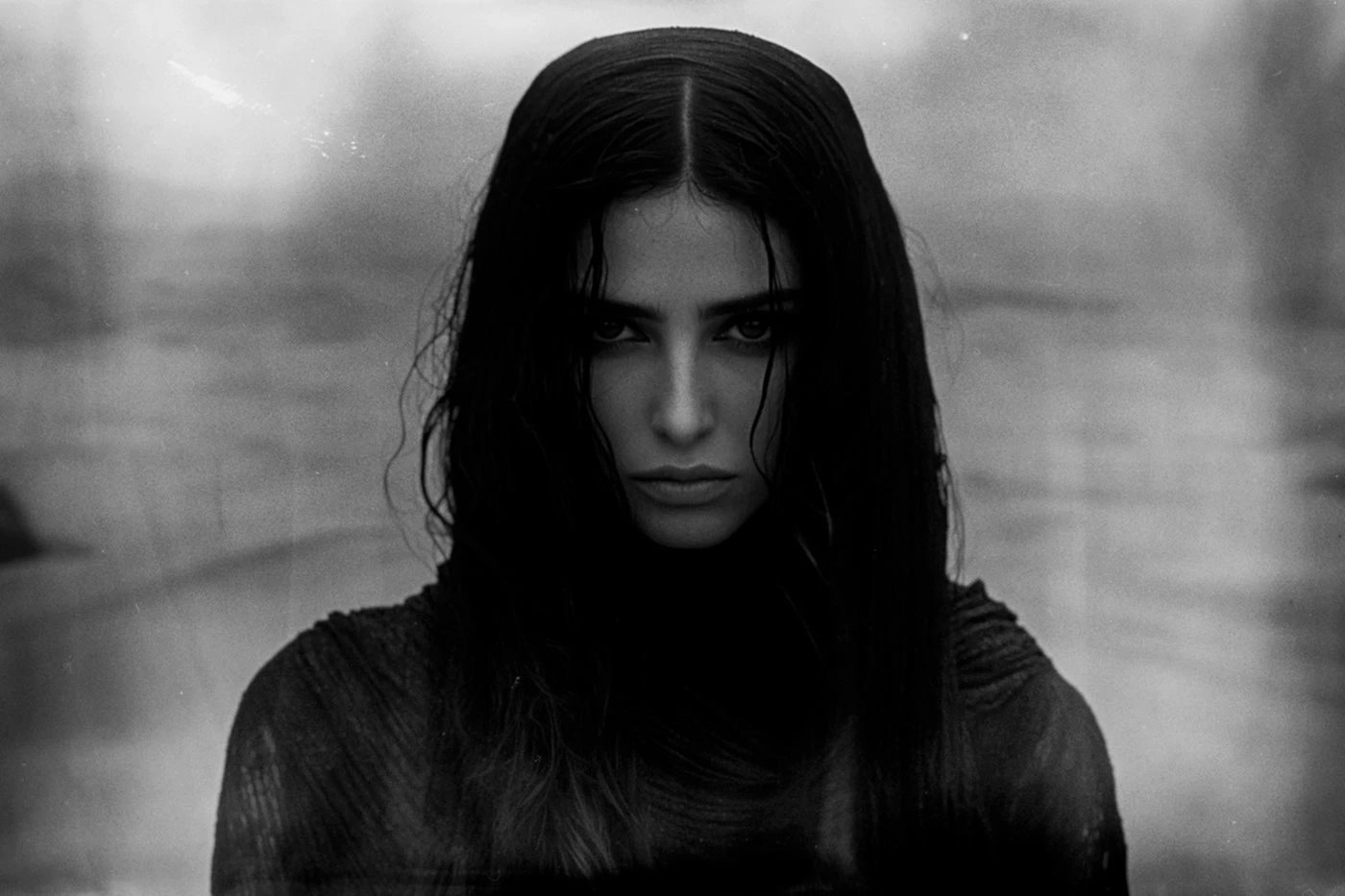 black and white portrait photography analog — averted gaze, side-lit face, sculptural shadow