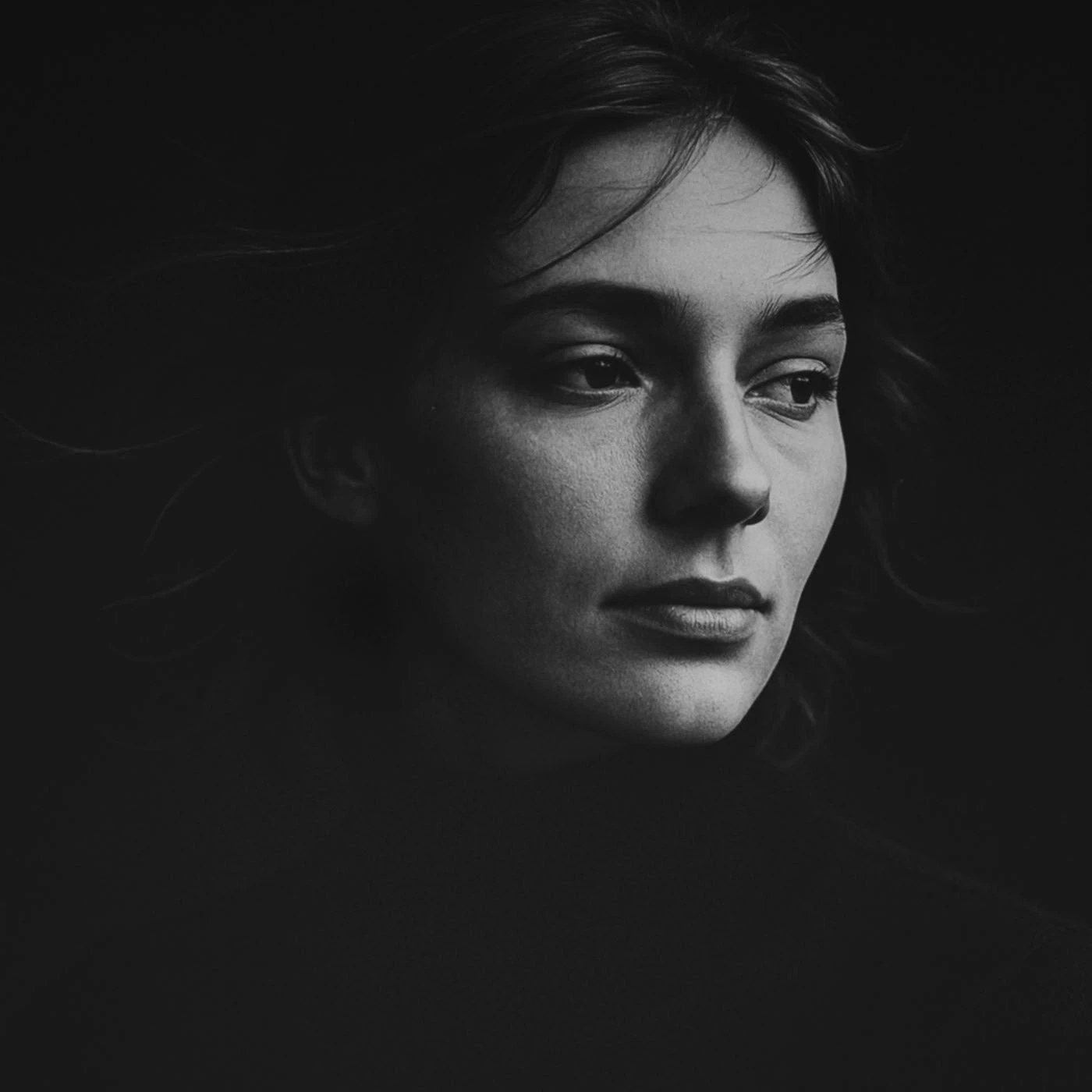 black and white portrait photography analog — crushed shadow, fine skin texture in highlights