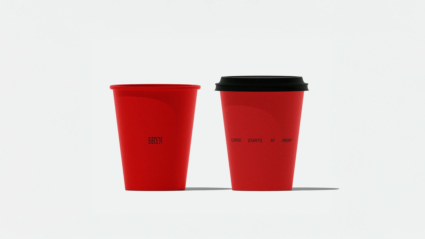 BRYN coffee house brand identity red takeaway cups on neutral grey ground