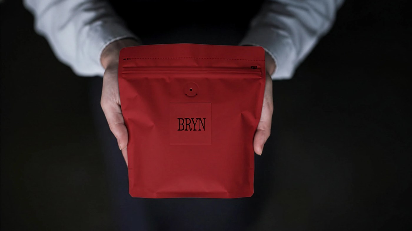 BRYN coffee house brand identity red stand-up coffee bag with single origin label