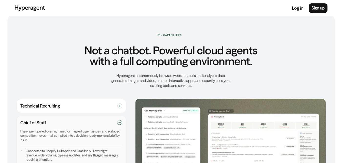 Sección de funcionalidad de la plataforma de agentes Hyperagent AI que muestra el panel de interfaz de usuario de construcción de agentes de Reclutamiento técnico y Jefe de personal (con el título Entorno de computación en la nube)