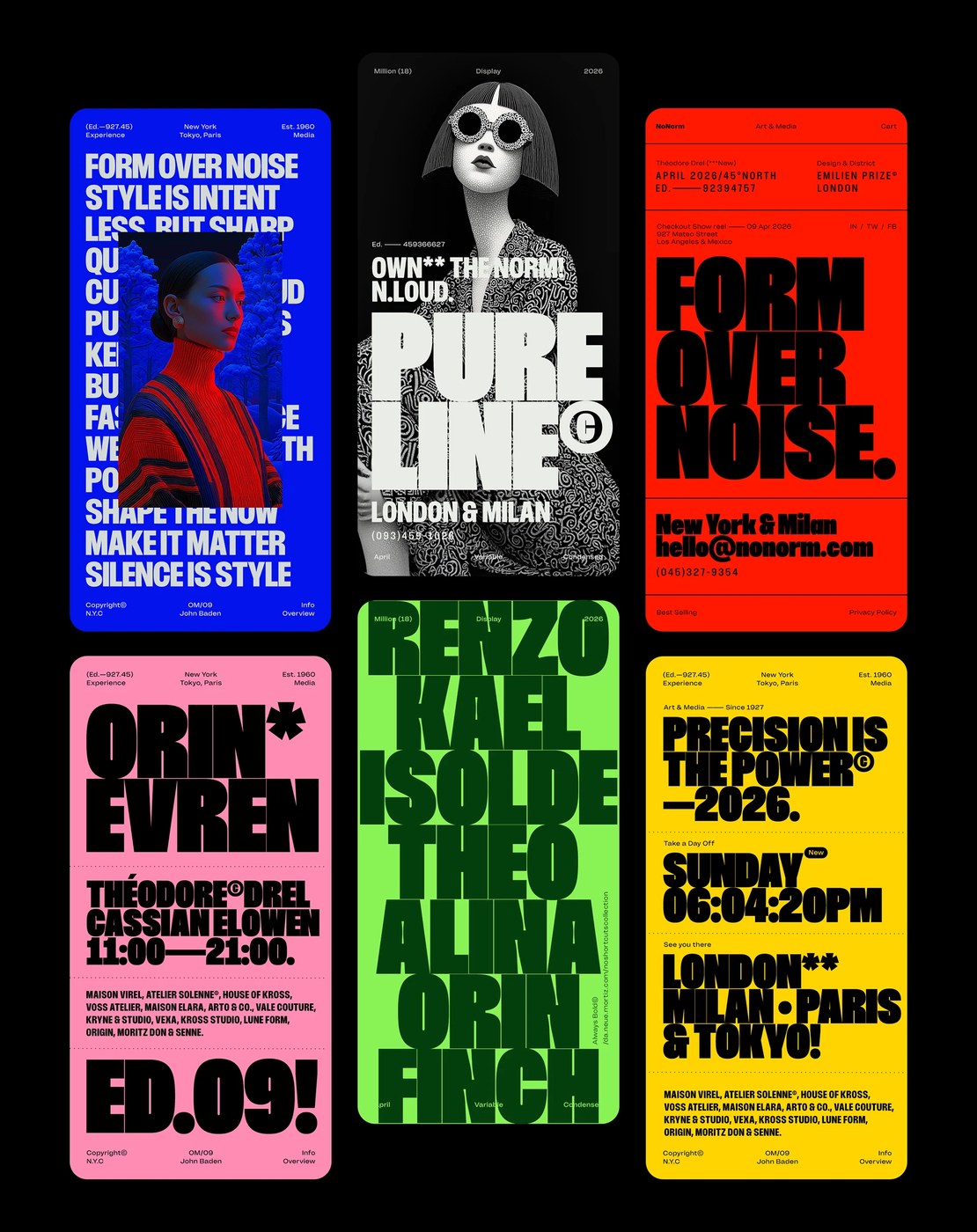 Million variable font design 2026 — three-panel mobile mockup across saturated color fields