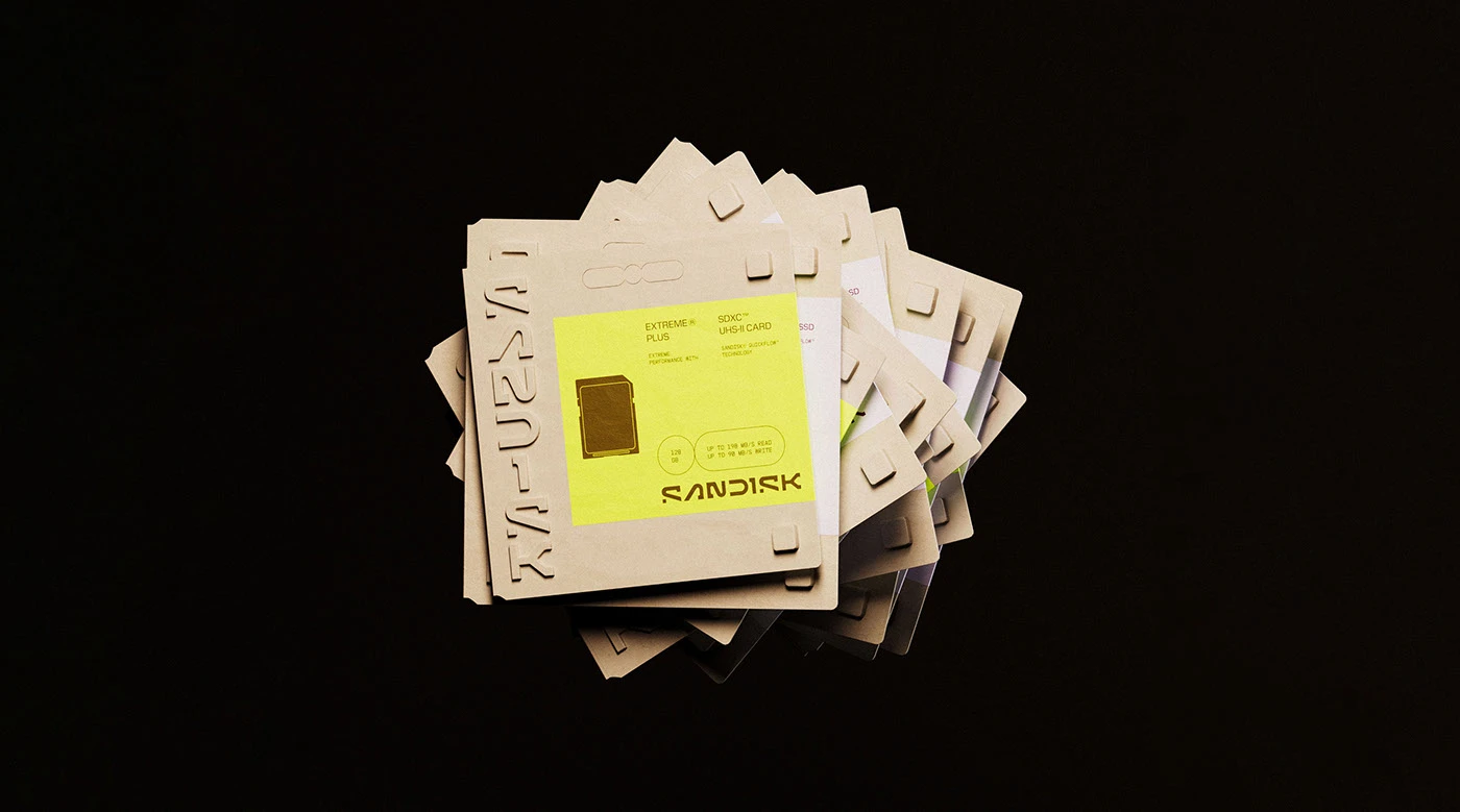 SanDisk packaging design system — condensed wordmark across USB drive box