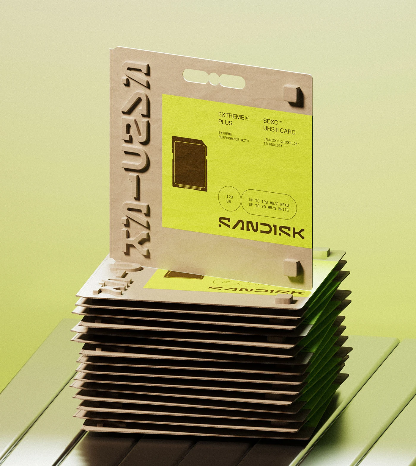 SanDisk packaging design system — SD card blister pack with neon accent panel