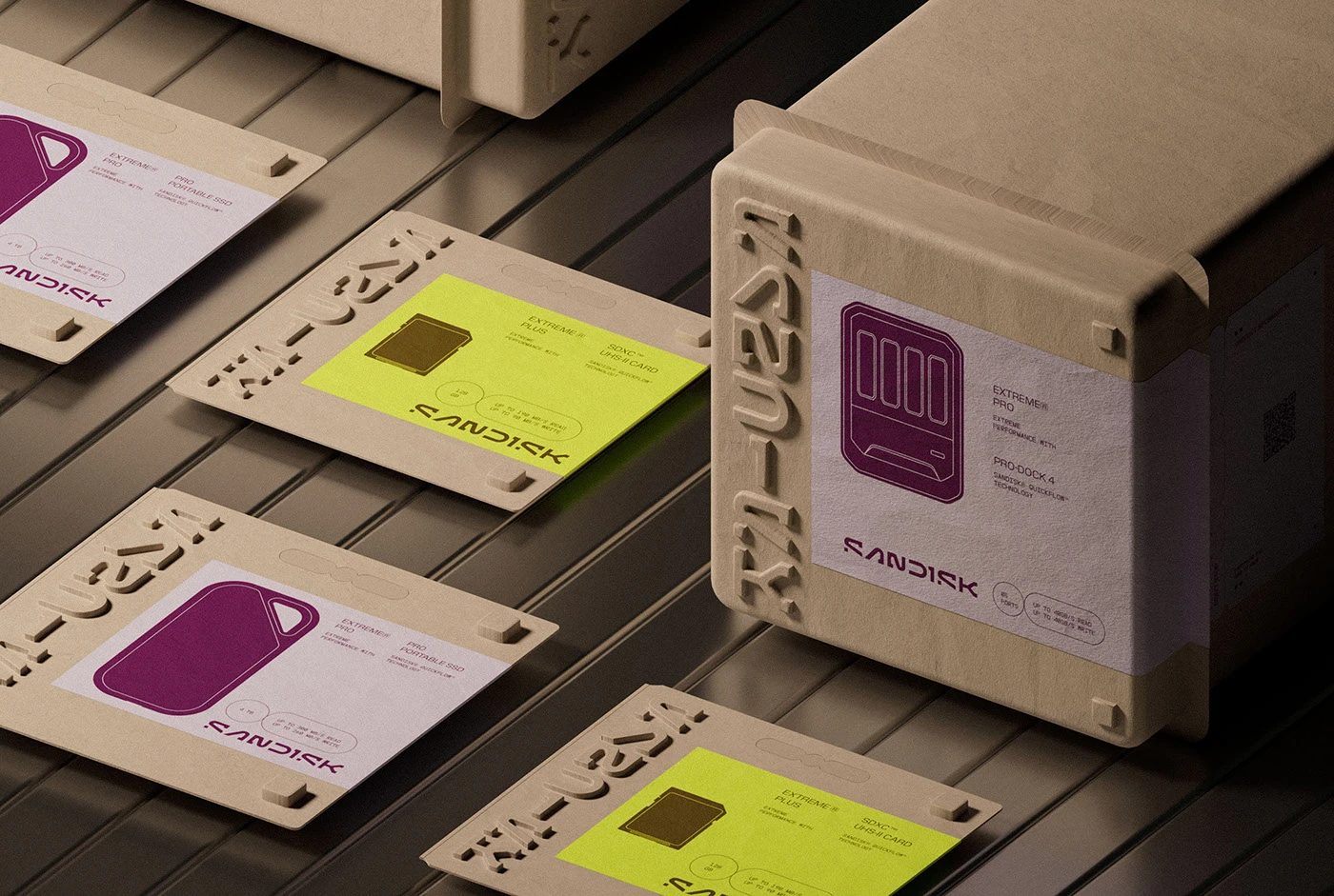 SanDisk packaging design system — 3D CGI rendering showing modular brand system at scale