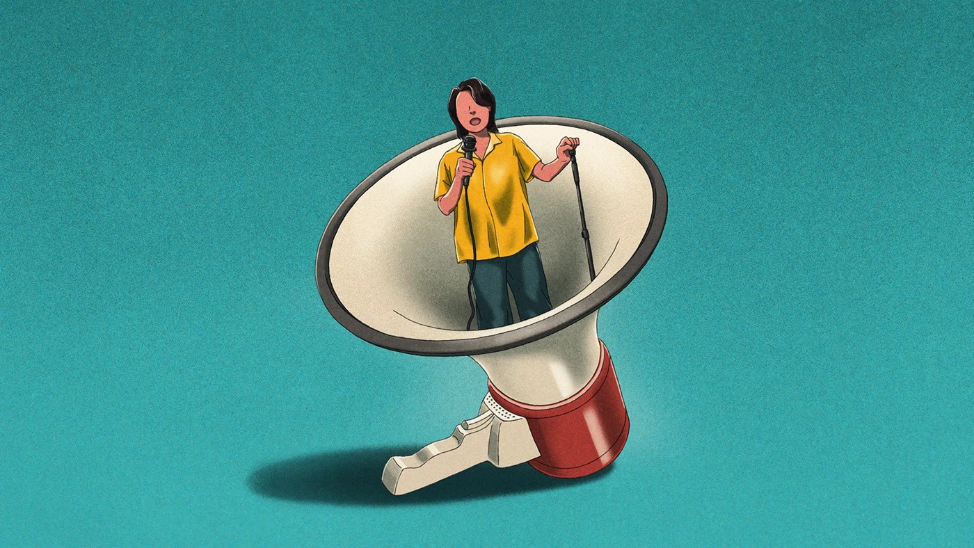 editorial illustration magazine 2025 — stand-up comedy by Xinmei Liu for The Economist