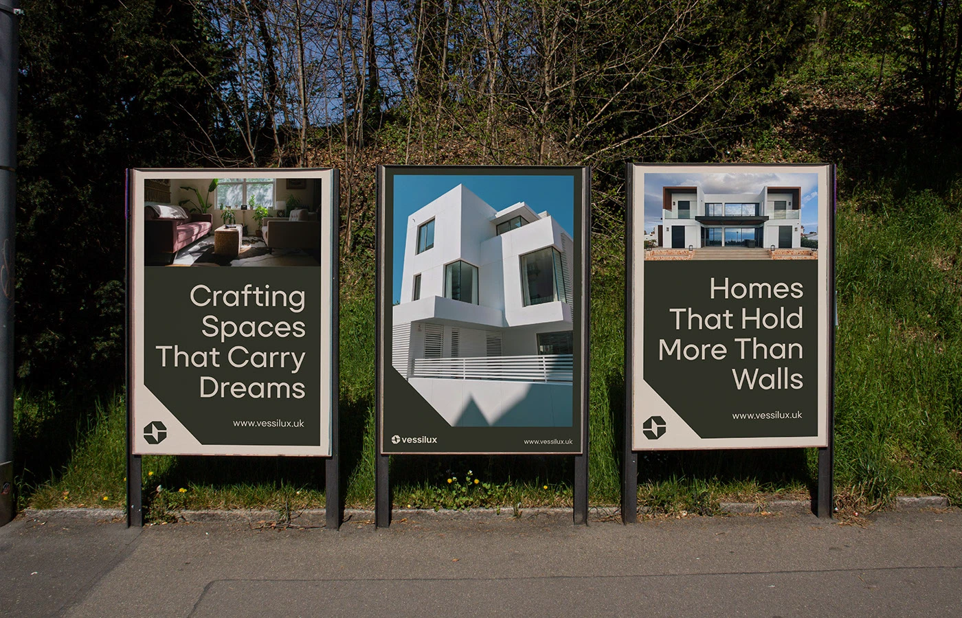 Vessilux stationery suite with business cards and envelopes — luxury real estate branding