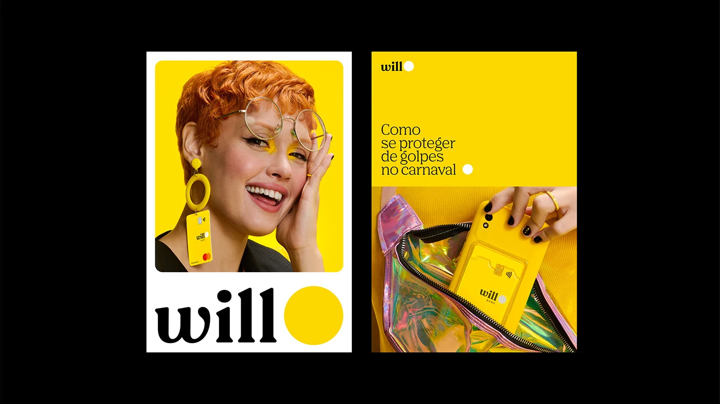 Will bank identity card and campaign material with geometric wordmark system