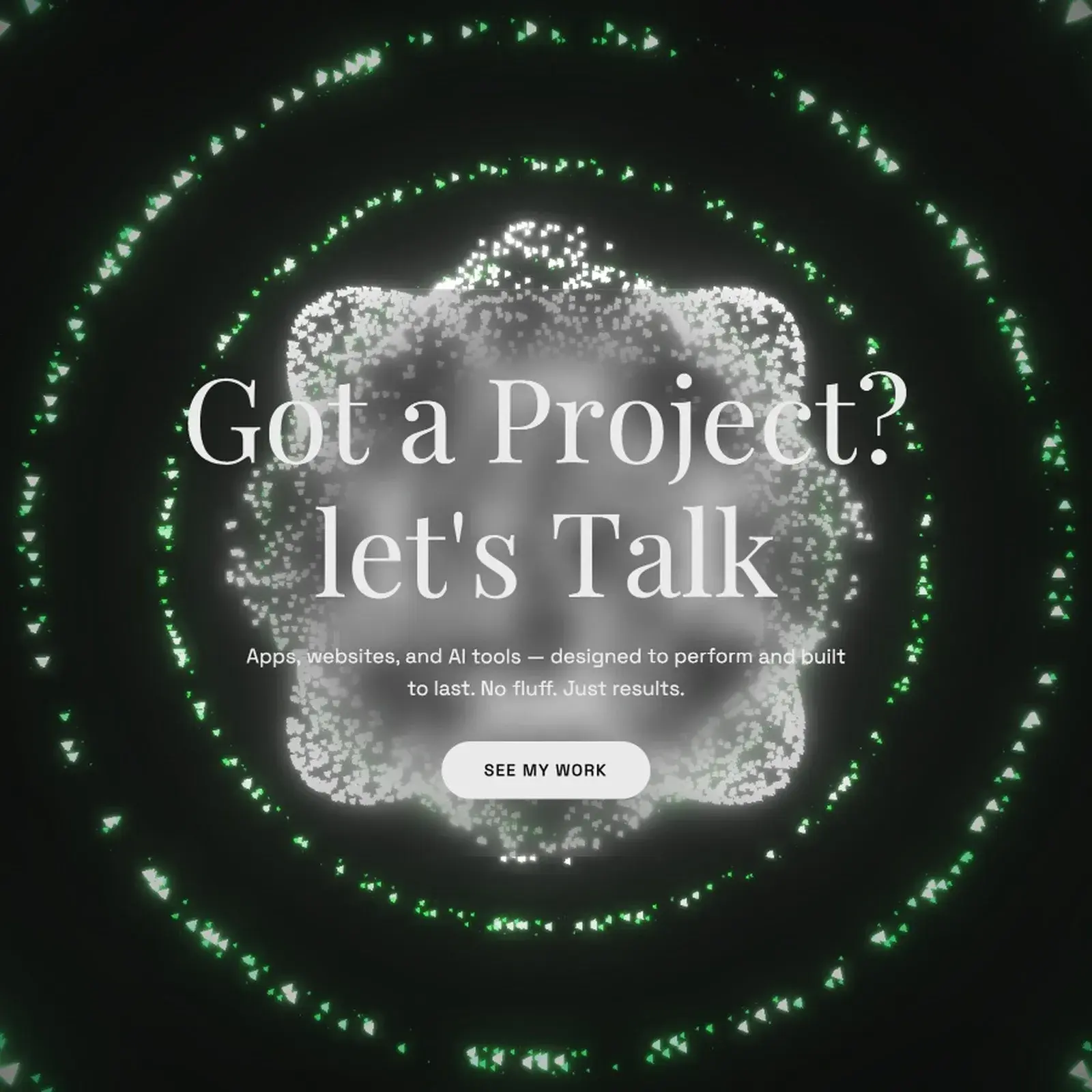 Casberry web design portfolio by Eswar Prasaath — dark mode hero with green particle rings