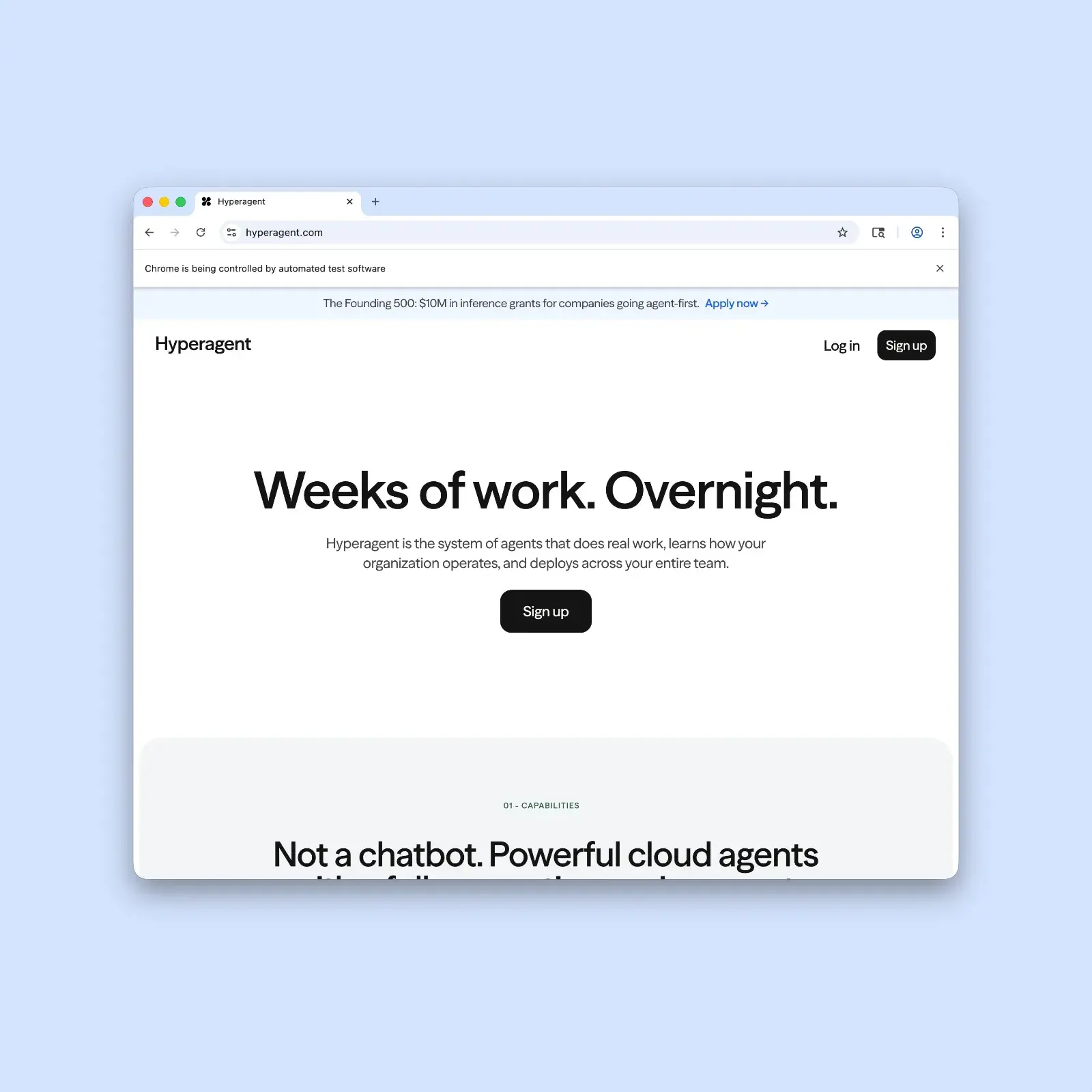 Hyperagent AI agent platform homepage: bold black headline 'Weeks of work. Overnight.' on white background with centered task input field and real work output example cards below