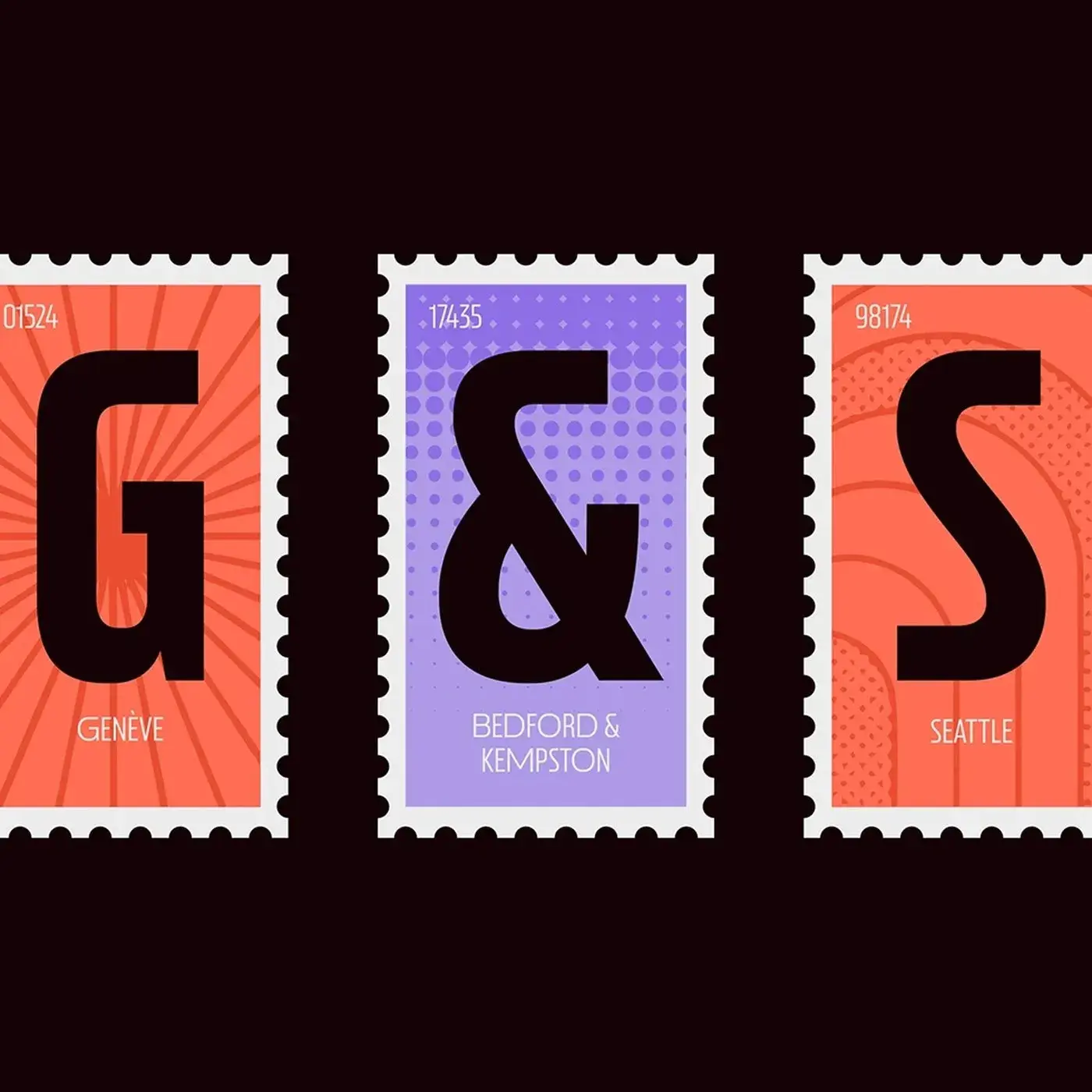Postamp Grotesk condensed sans serif typeface stamp frame compositions with coral and lavender letterforms