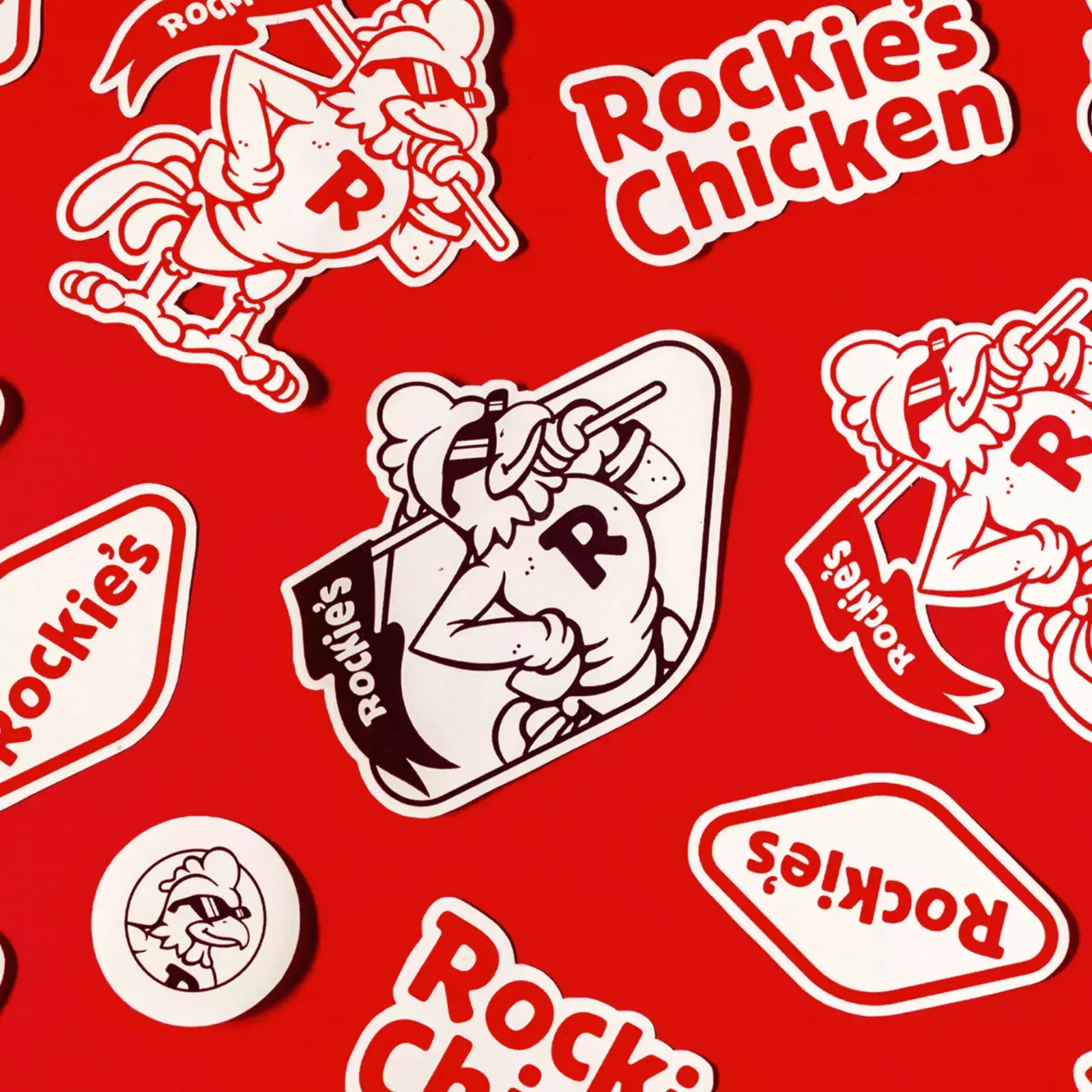 Rockie’s Chicken clean identity full of bright colors and fun graphics