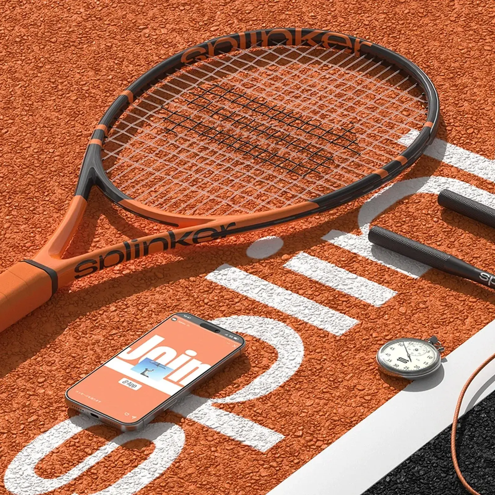 Splinker ID sports branding identity — racket, phone and stopwatch on clay court