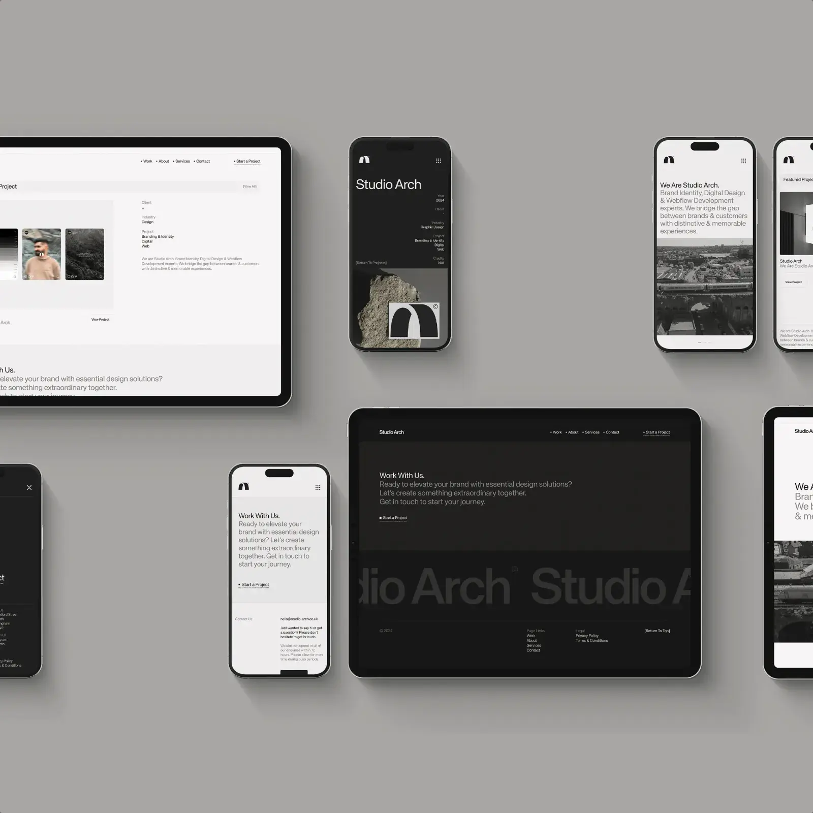Studio Arch brand identity phones tablets grey background
