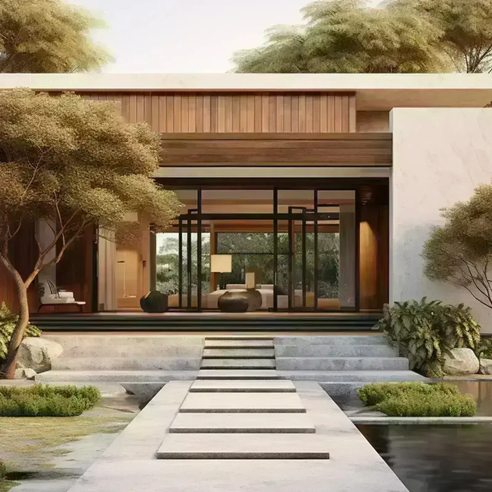 Midjourney v7 branding — Japandi architecture exterior moodboard reference