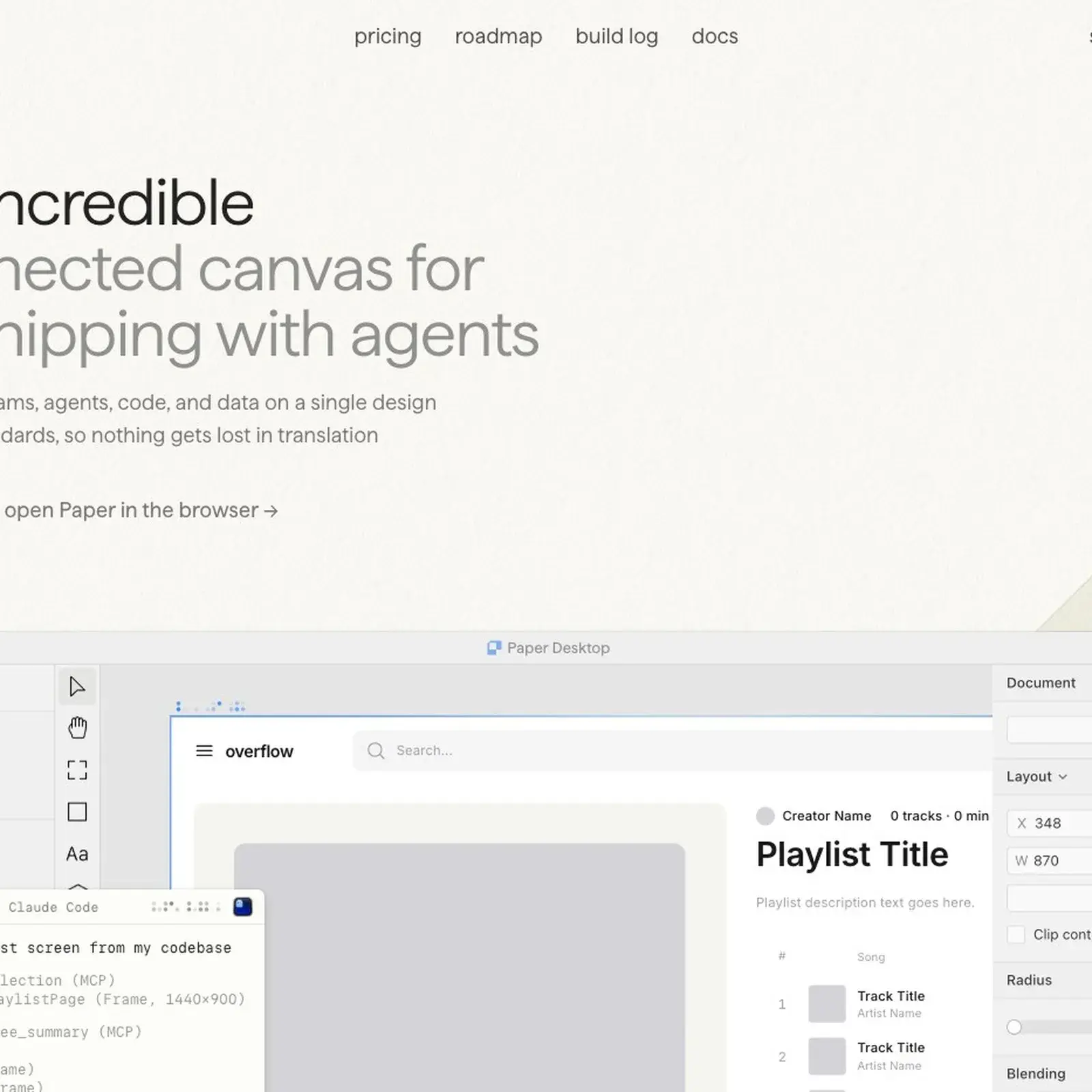 Paper.design UI — connected canvas showing the Paper Desktop app interface with design and code
