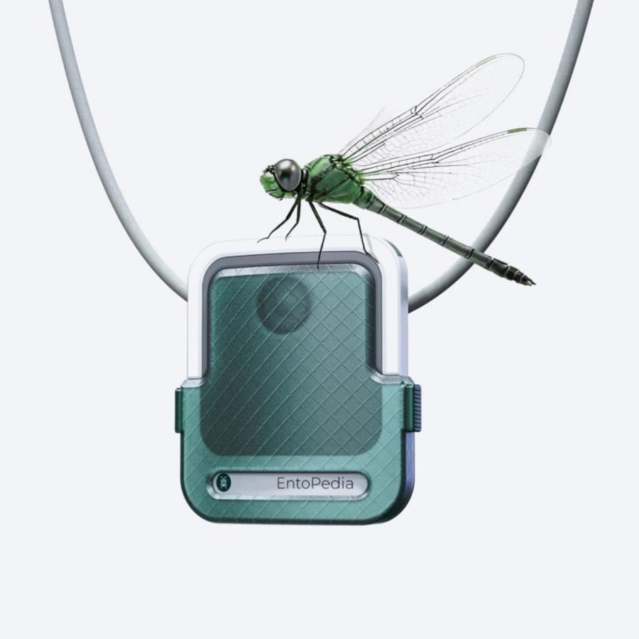 EntoPedia wearable product design — magnetic pendant with reeded glass effect