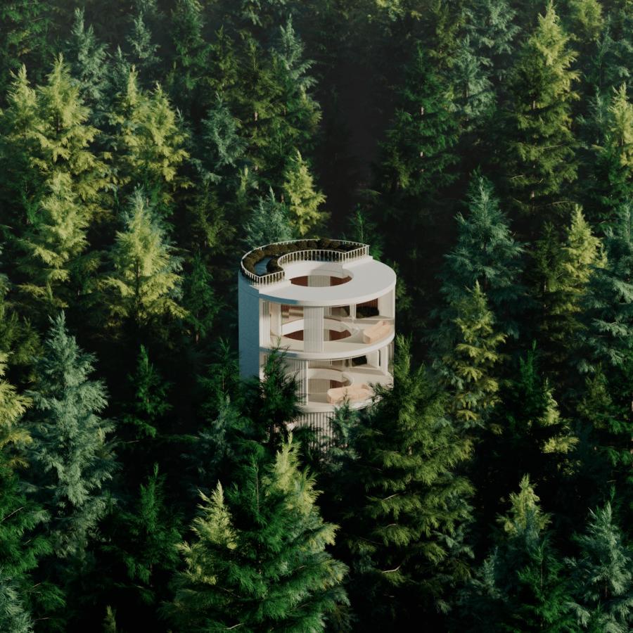 Surreal buildings located in the middle of the forest