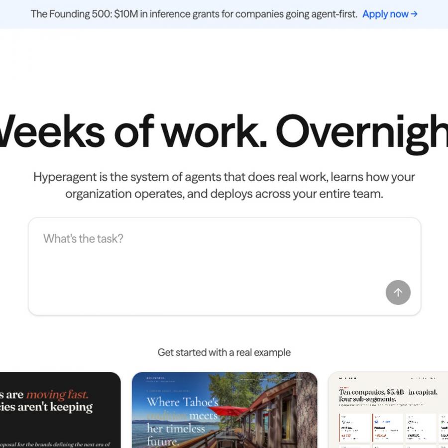 Hyperagent AI agent platform homepage: bold black headline 'Weeks of work. Overnight.' on white background with centered task input field and real work output example cards below