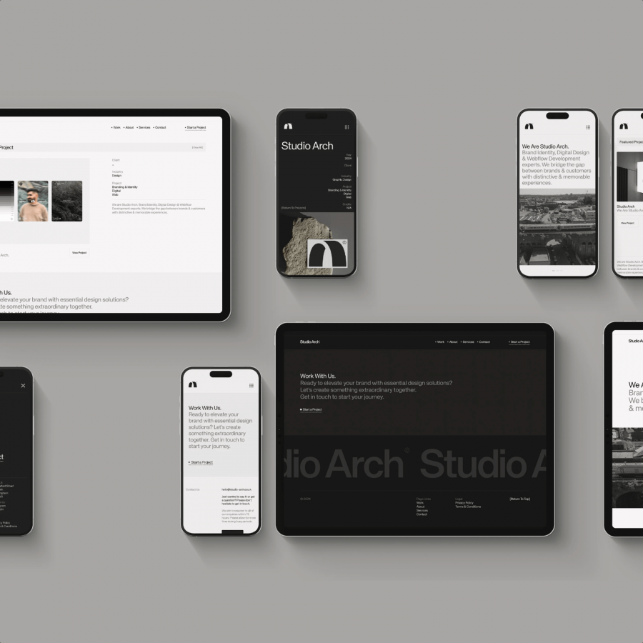 Studio Arch brand identity phones tablets grey background