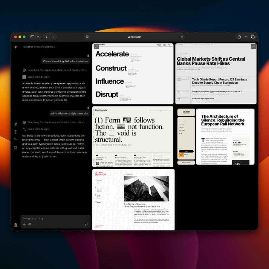 Variant AI design tool Style Dropper showing three different UI design variations
