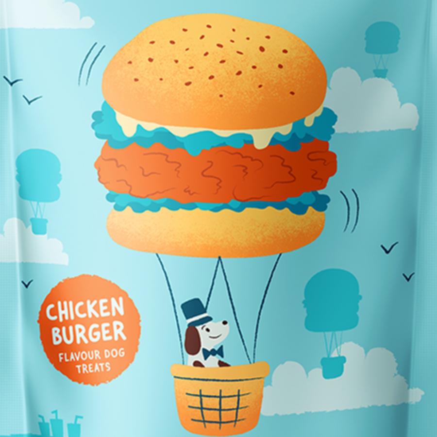 Wonderful World of Treats dog treat packaging by Fishfinger — burger balloon illustration with schnauzer over teal hills